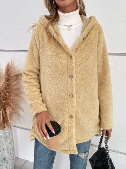 Fuzzy Button Up Hooded Jacket-Angel Casuals