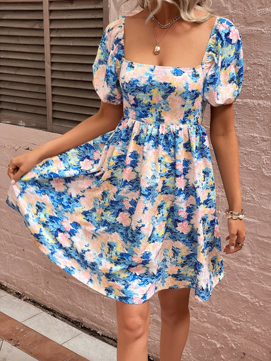 Floral Square Neck Puff Sleeve Dress-Angel Casuals