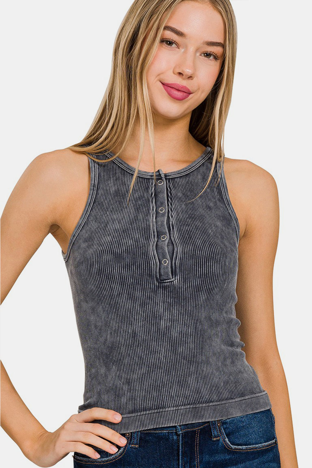 Zenana Washed Ribbed Half Snap Seamless Tank-Angel Casuals