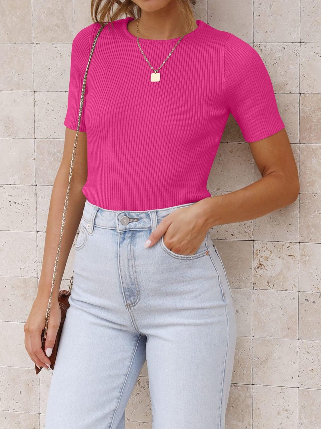 Mandy Ribbed Round Neck Short Sleeve Knit Top-Angel Casuals