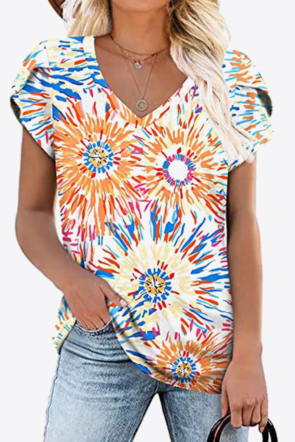 Printed Petal Sleeve V-Neck Blouse-Angel Casuals