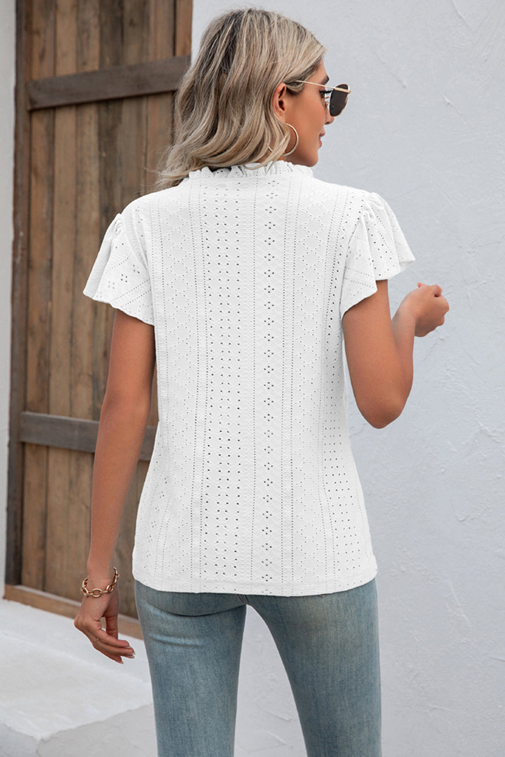 Eyelet Notched Neck Flutter Sleeve Top-Angel Casuals