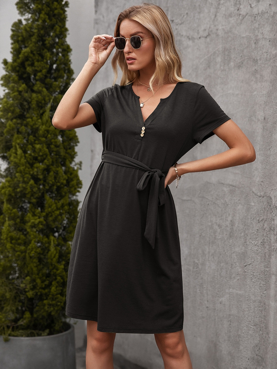 Tied Notched Short Sleeve Dress-Angel Casuals