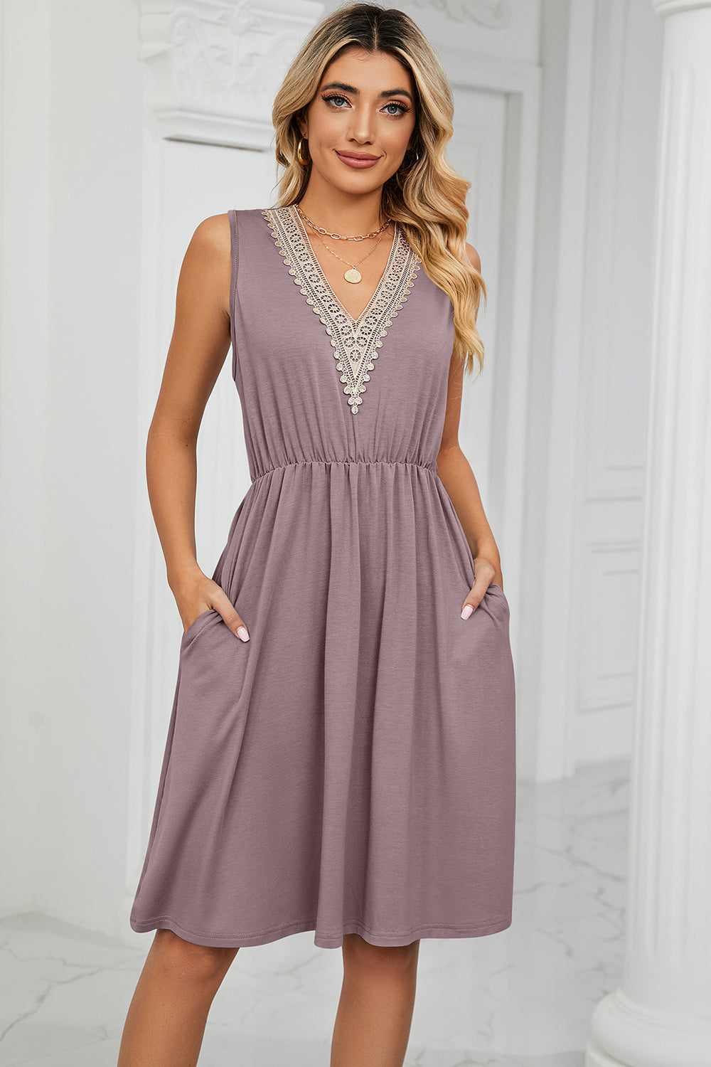 Pocketed V-Neck Wide Strap Dress-Angel Casuals