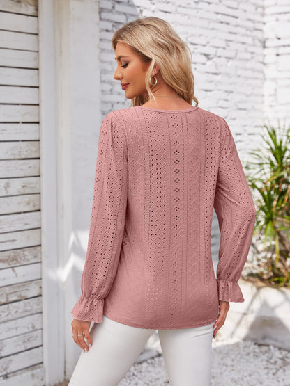 Applique V-Neck Flounce Sleeve T-Shirt-Angel Casuals