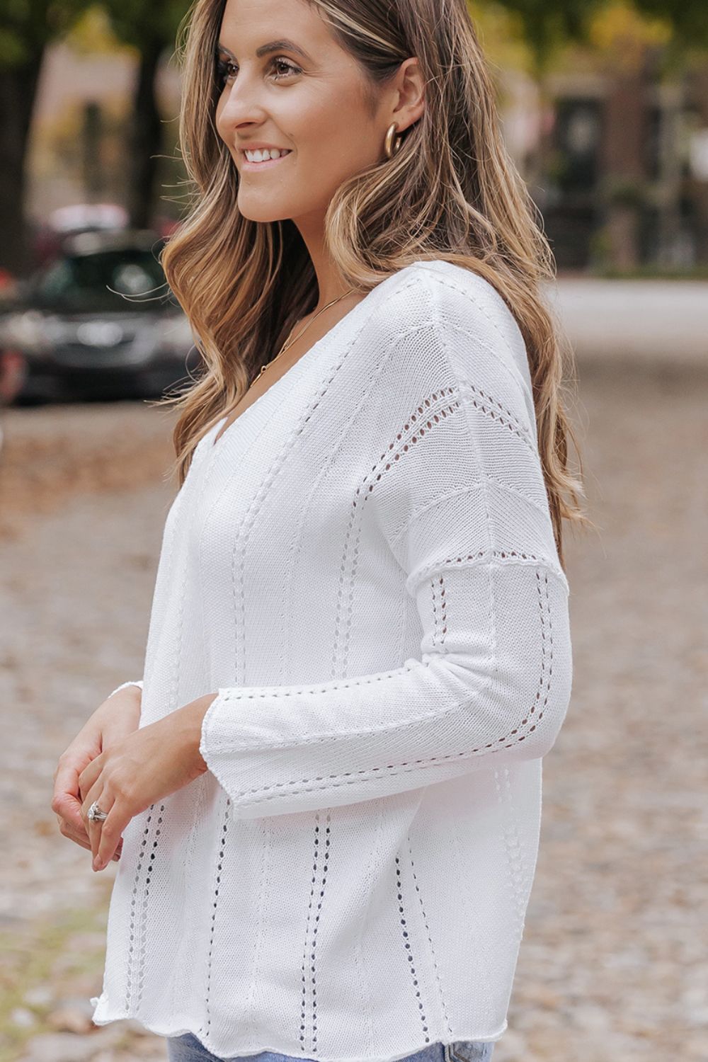 Openwork V-Neck Long Sleeve Knit Top-Angel Casuals