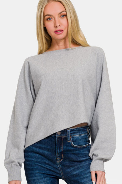 Zenana Asymmetric Hem Long Sleeve Sweater-Angel Casuals