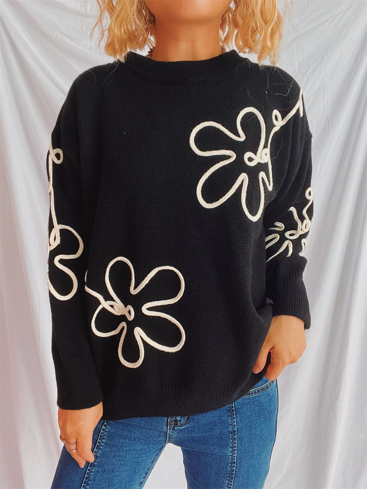 Flower Round Neck Long Sleeve Sweater-Angel Casuals