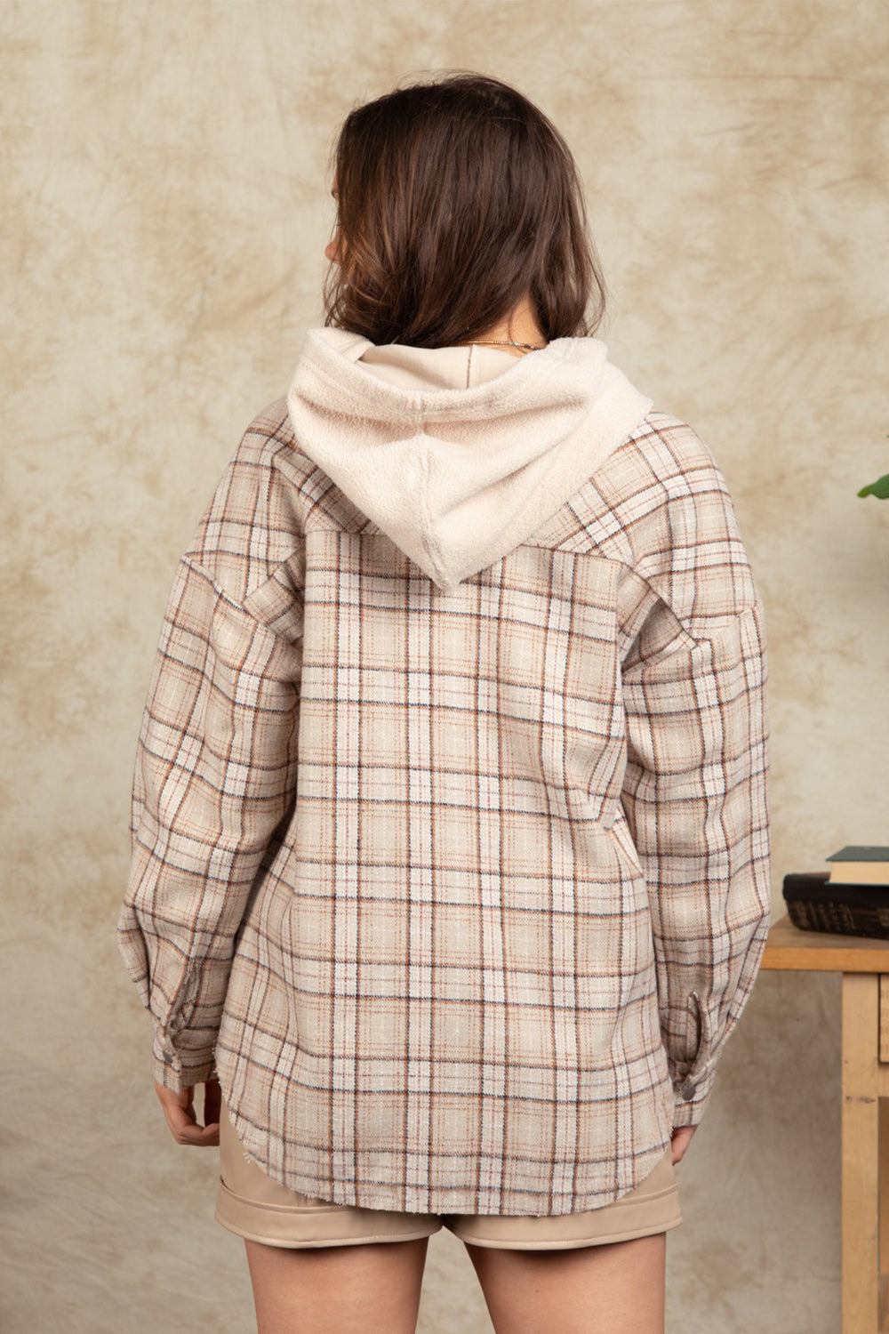 Drawstring Plaid Long Sleeve Hooded Jacket-Angel Casuals