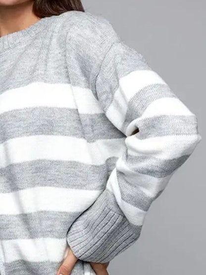 Slit Striped Round Neck Sweater-Angel Casuals