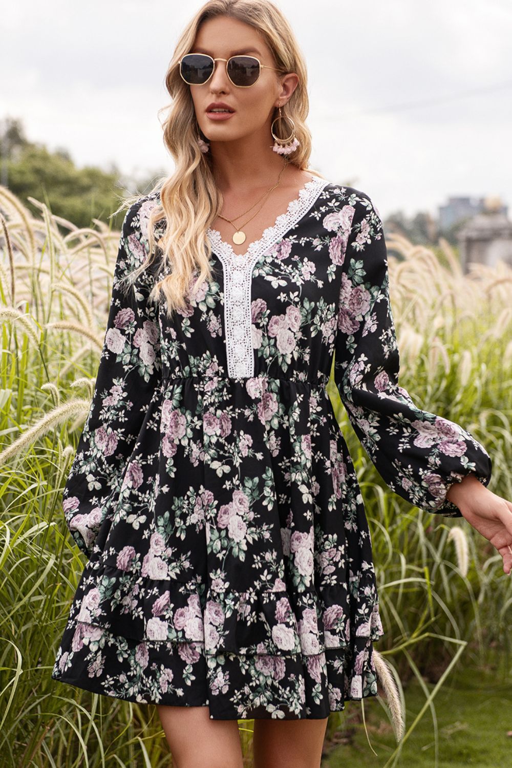 Floral Lace Trim Long Sleeve Dress-Angel Casuals