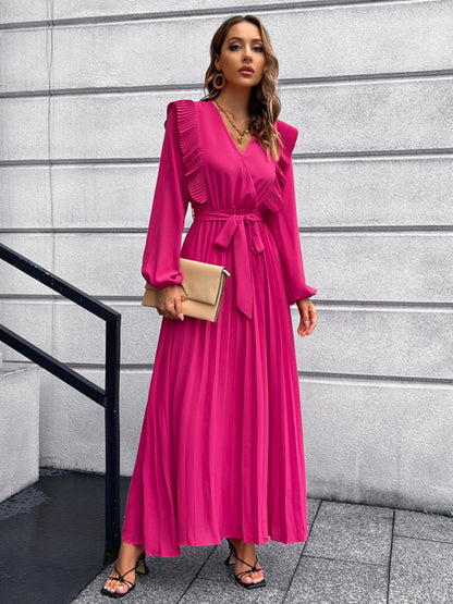 Pleated Surplice Tie Waist Maxi Dress-Angel Casuals