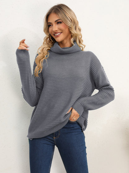 Slit Turtleneck Dropped Shoulder Sweater-Angel Casuals