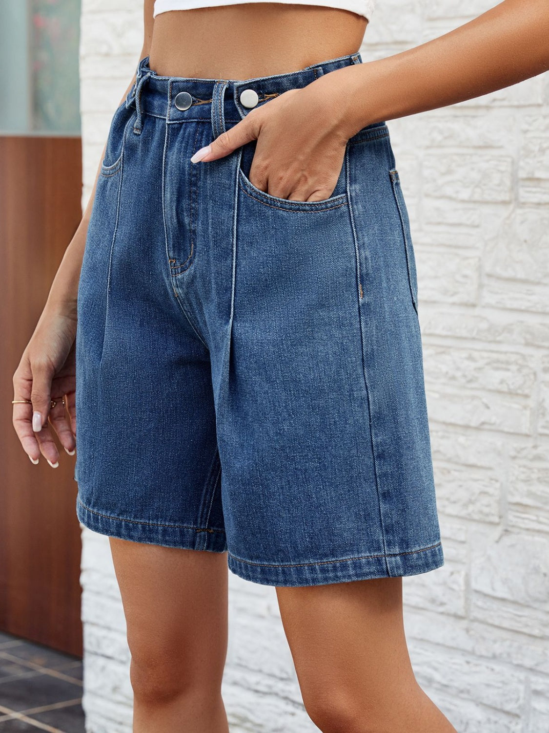 High Waist Denim Shorts with Pockets-Angel Casuals