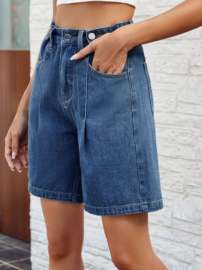 High Waist Denim Shorts with Pockets-Angel Casuals