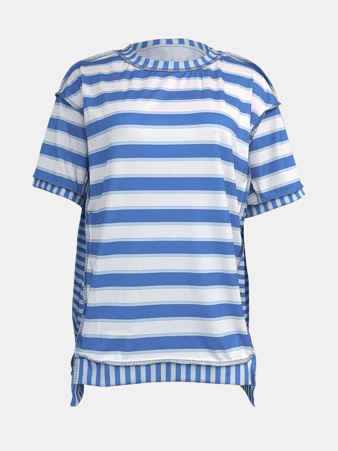 Full Size Contrast Stitching Striped Round Neck T-Shirt-Angel Casuals