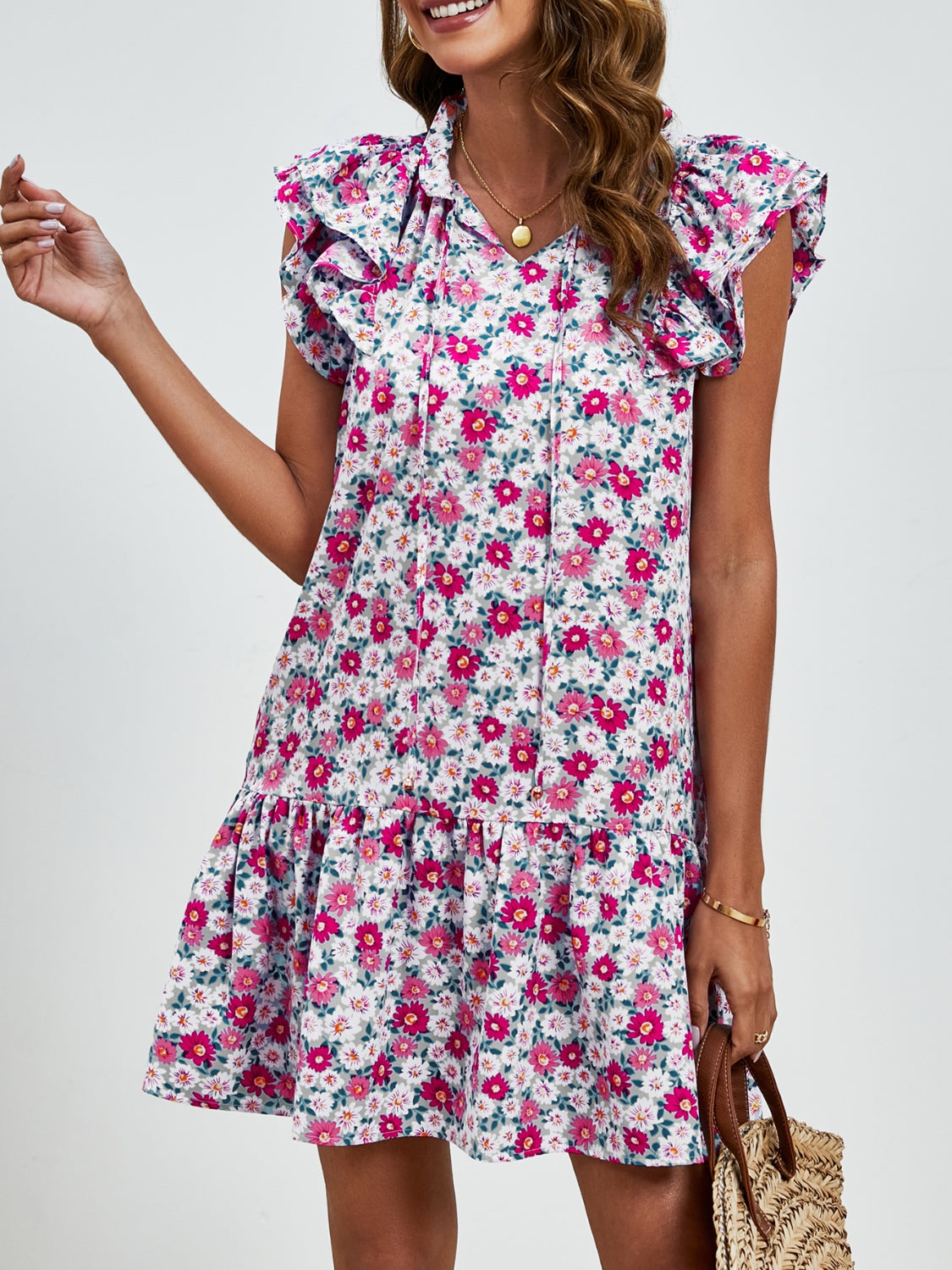 Tied Floral Cap Sleeve Mini Dress-Angel Casuals