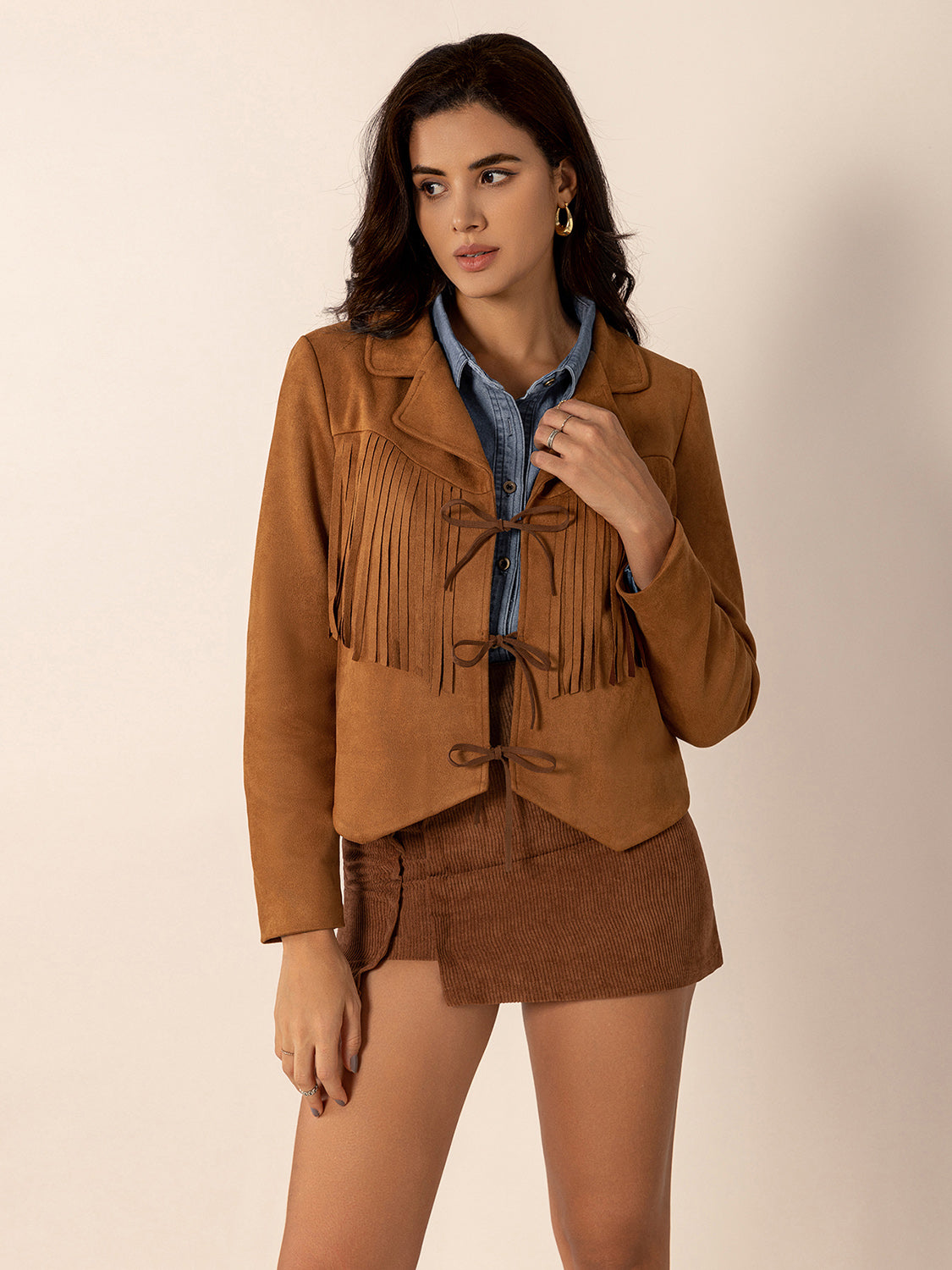 Tied Tassel Collared Neck Long Sleeve Jacket-Angel Casuals
