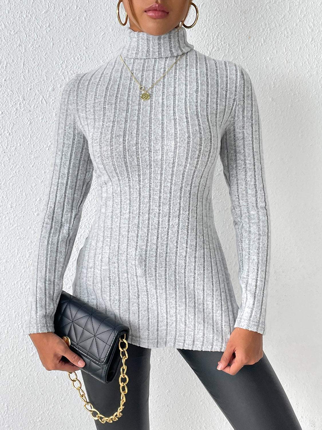 Ribbed Turtleneck Long Sleeve Slit T-Shirt-Angel Casuals