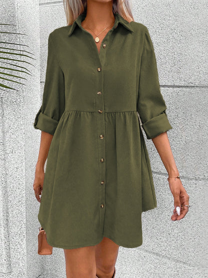 Button Up Collared Neck Long Sleeve Dress-Angel Casuals