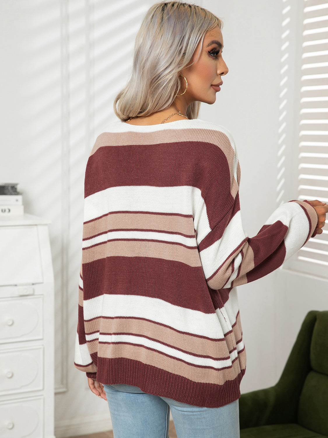 Striped V-Neck Long Sleeve Knit Top-Angel Casuals