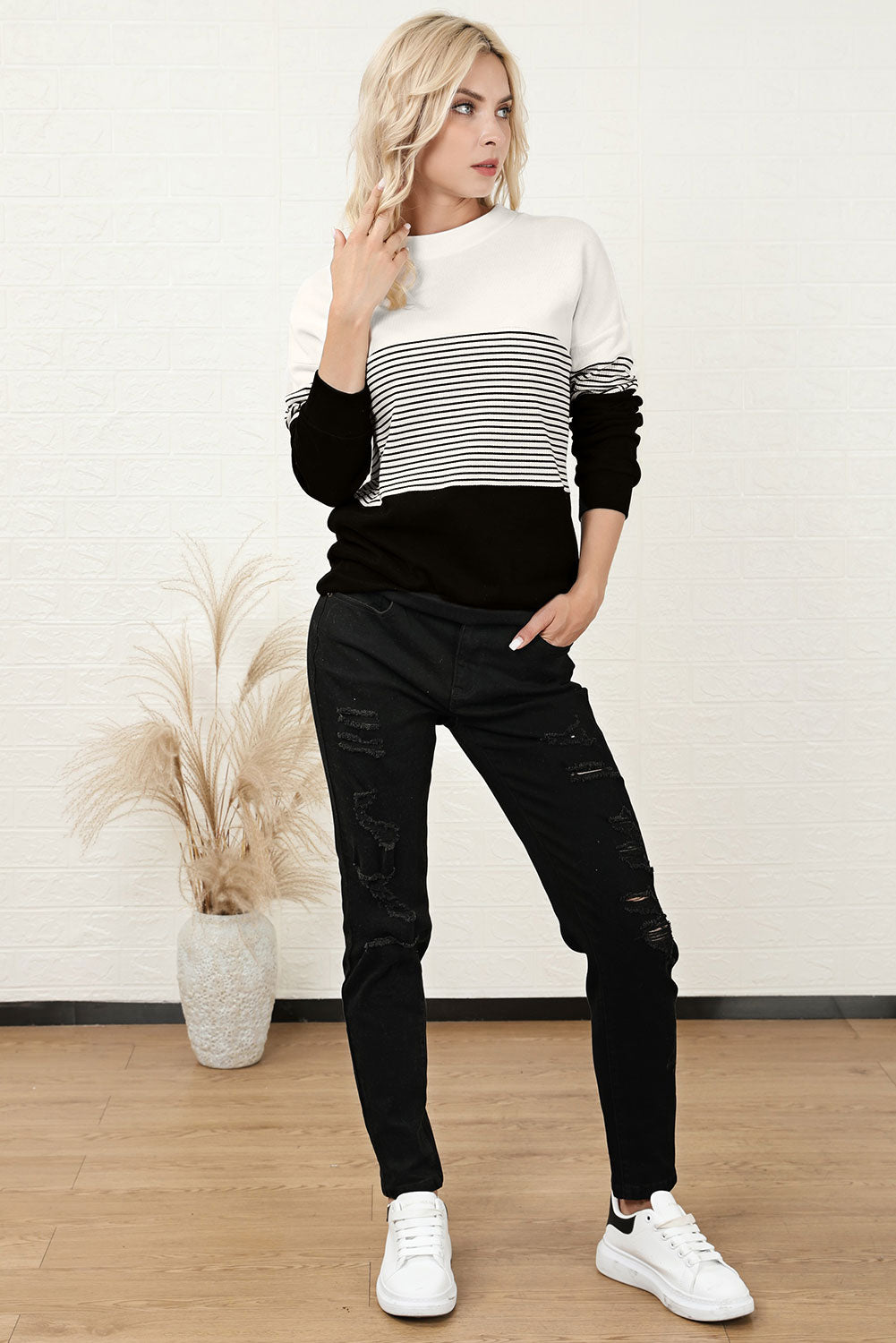 Striped Color Block Long Sleeve Knit Top-Angel Casuals