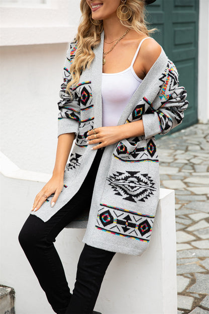 Angel Wings Pocketed Geometric Open Front Dropped Shoulder Cardigan-Angel Casuals