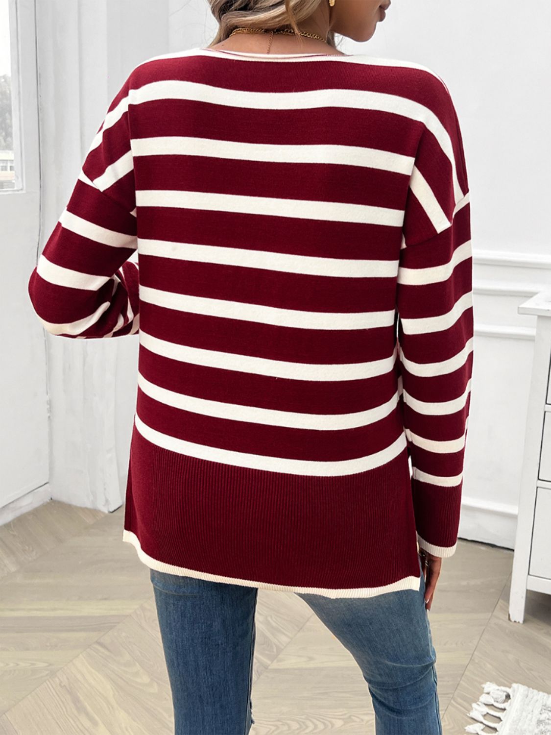 Devine Striped V-Neck Long Sleeve Knit Top-Angel Casuals