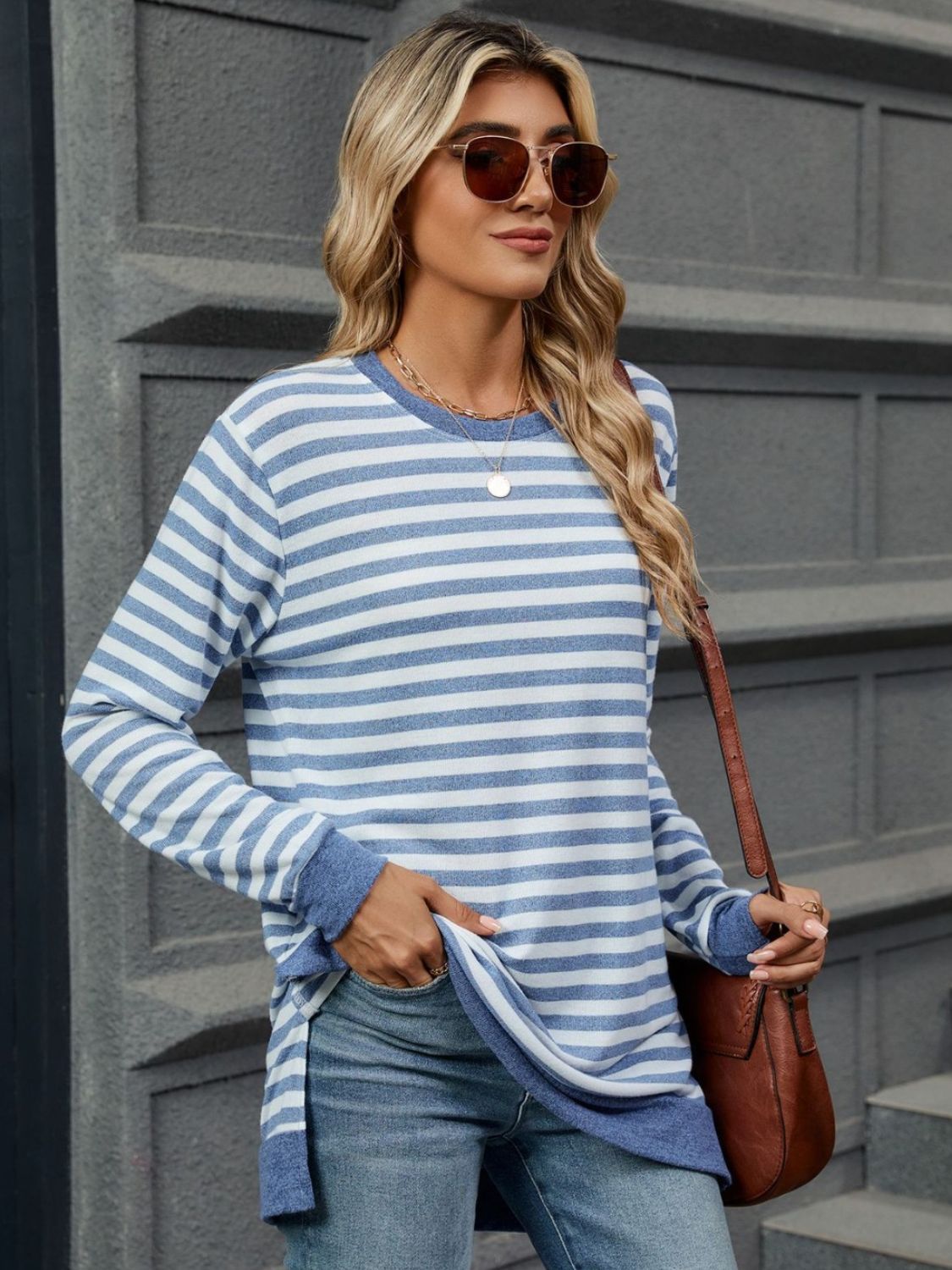 Striped Round Neck Long Sleeve T-Shirt-Angel Casuals