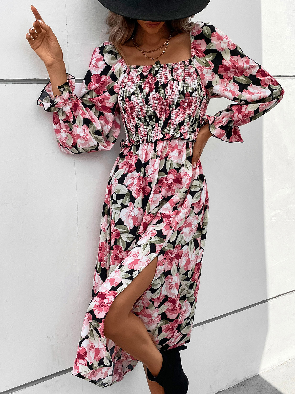 Slit Smocked Floral Flounce Sleeve Dress-Angel Casuals