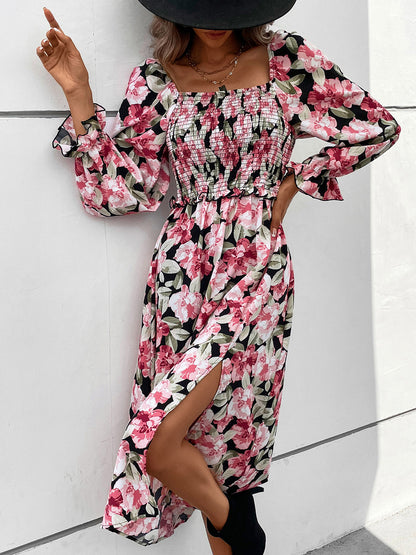 Slit Smocked Floral Flounce Sleeve Dress-Angel Casuals