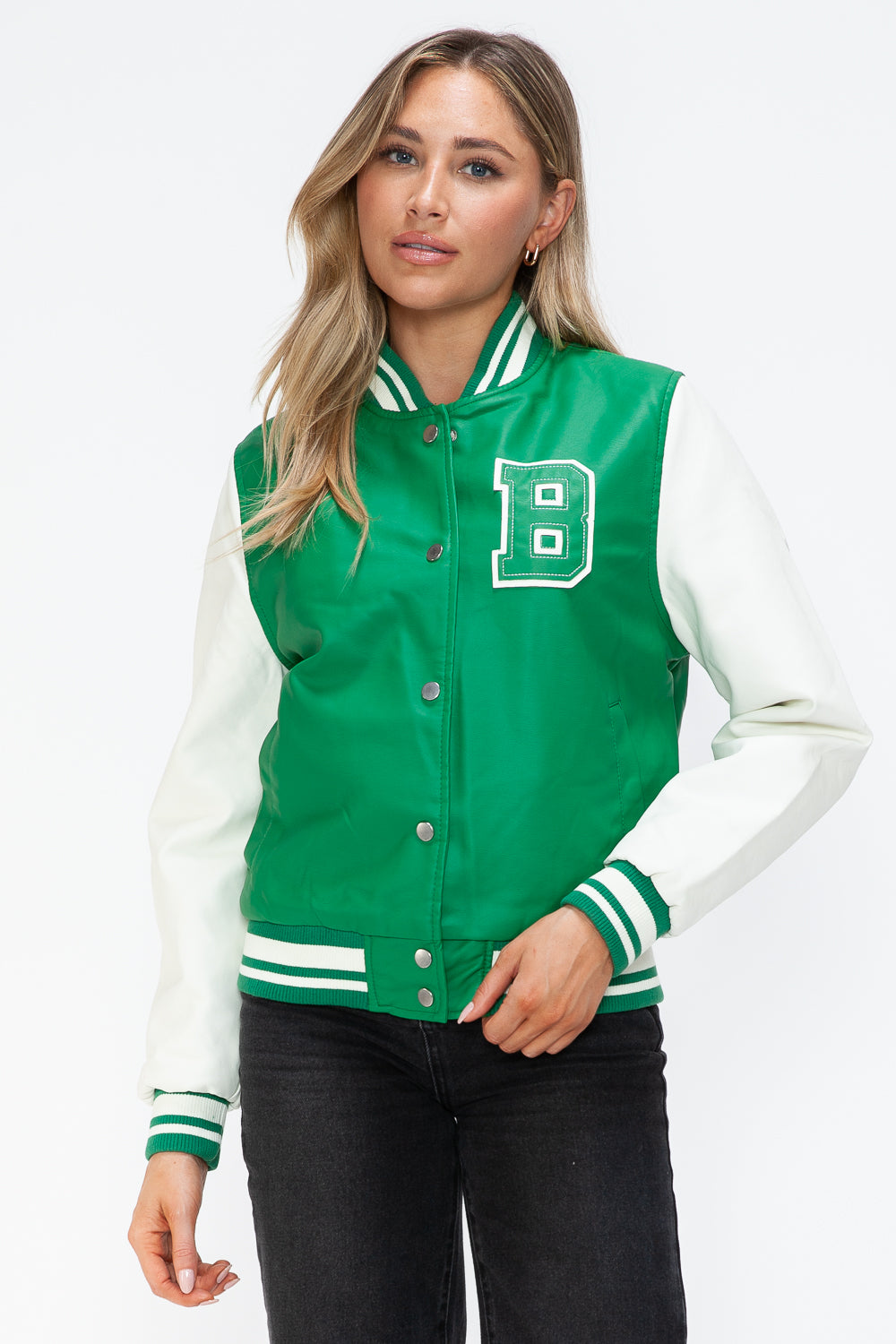 Love Me Now PU Leather Contrast Snap Down Bomber Jacket-Angel Casuals