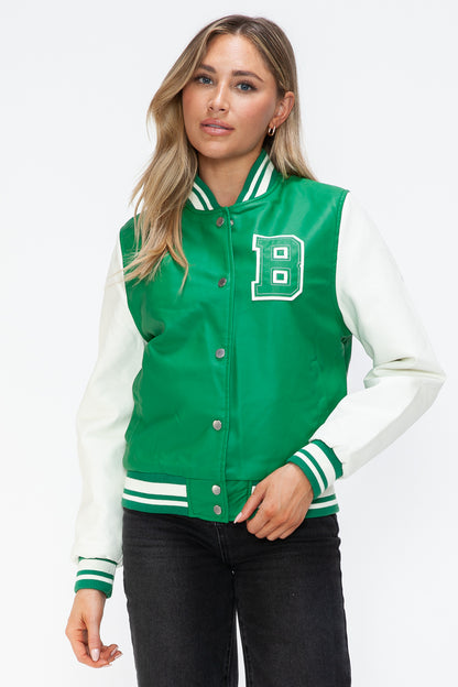 Love Me Now PU Leather Contrast Snap Down Bomber Jacket-Angel Casuals