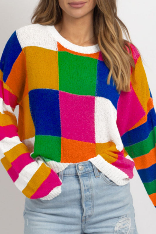 Color Block Round Neck Long Sleeve Sweater-Angel Casuals