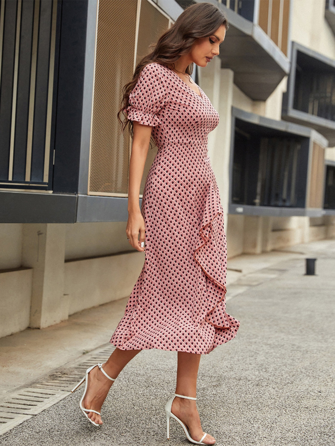 Printed V-Neck Flounce Sleeve Midi Dress-Angel Casuals