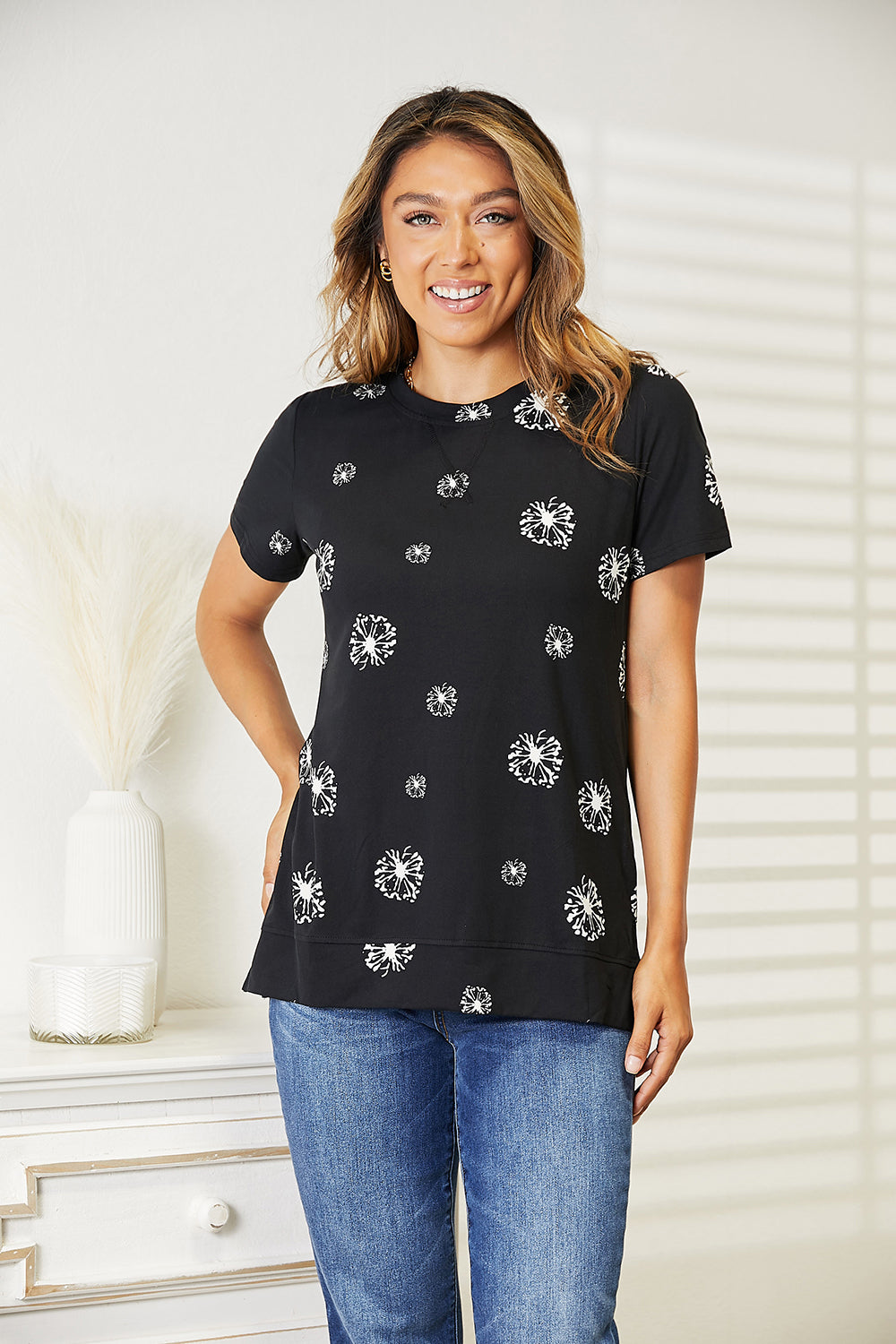 Double Take Dandelion Print Round Neck T-Shirt-Angel Casuals