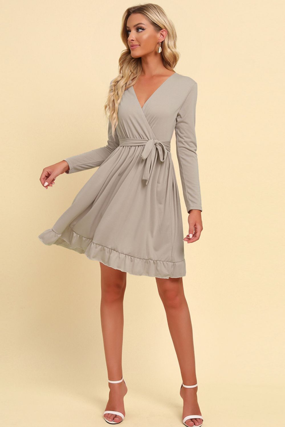 Long Sleeve Tie Waist Ruffle Hem Dress-Angel Casuals