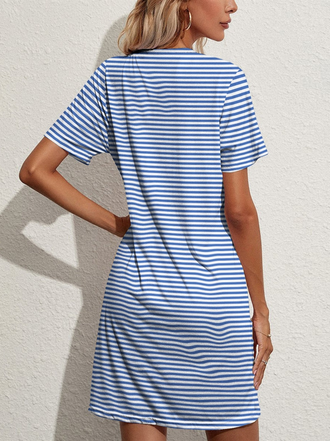 Pocketed Striped Round Neck Short Sleeve Dress-Angel Casuals