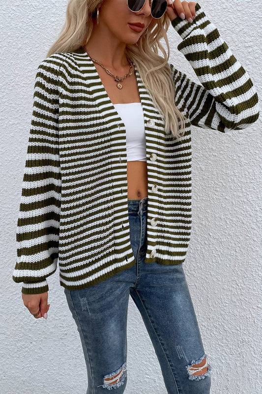 Striped V-Neck Button-Down Cardigan-Angel Casuals