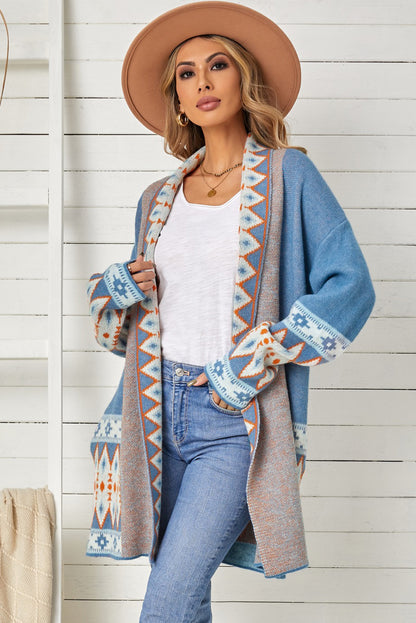 Geometric Open Front Long Sleeve Cardigan-Angel Casuals