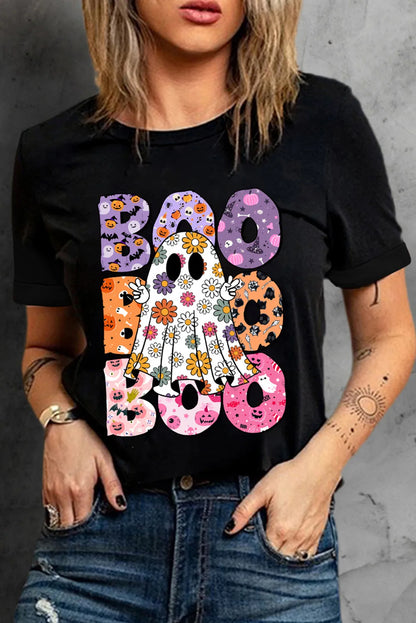BOO Ghost Graphic Round Neck Short Sleeve T-Shirt-Angel Casuals