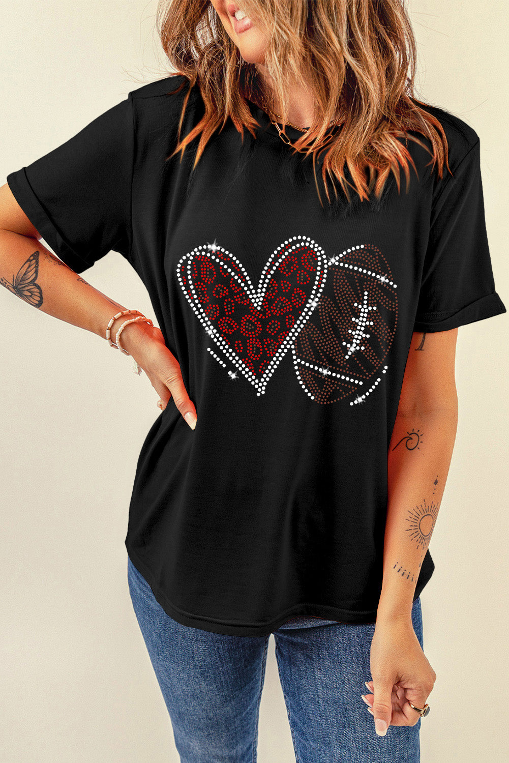 Rhinestone Round Neck Short Sleeve T-Shirt-Angel Casuals