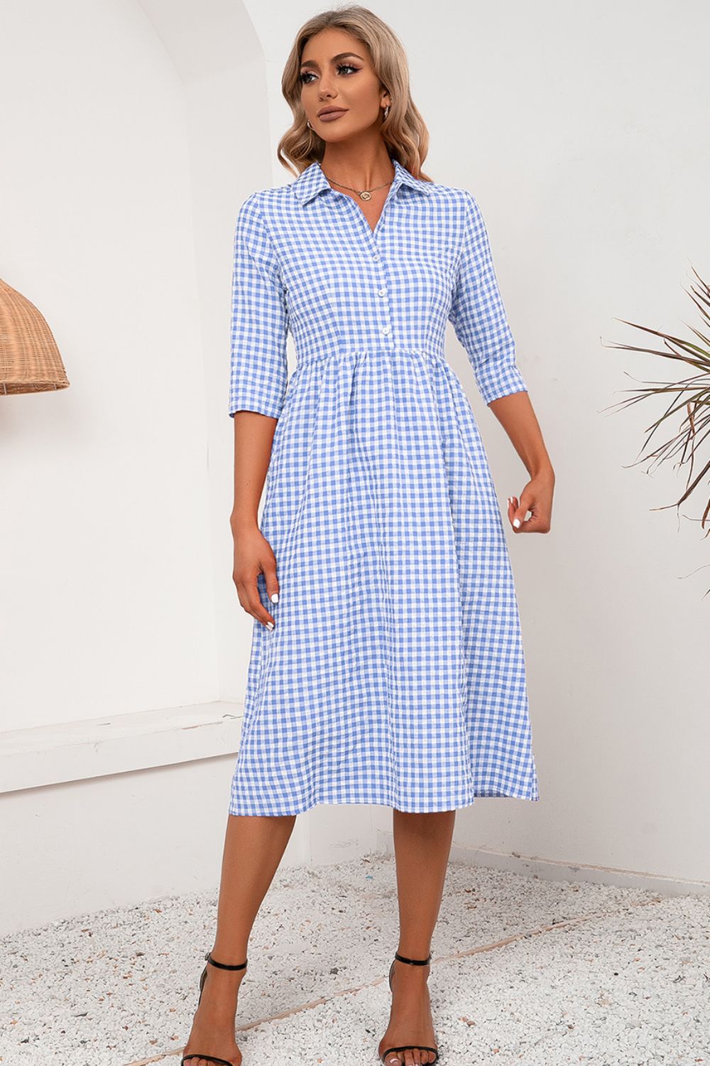 Plaid Collared Neck Midi Dress-Angel Casuals