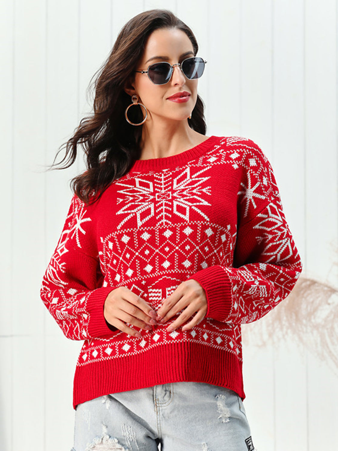 Snowflake Pattern Round Neck Sweater-Angel Casuals