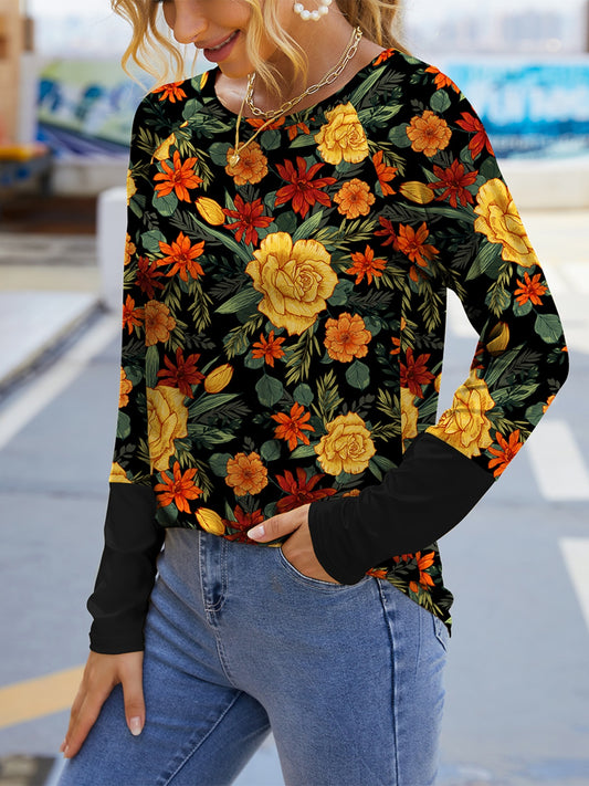 FAM-FAM Printed Round Neck Long Sleeve T-Shirt-Angel Casuals