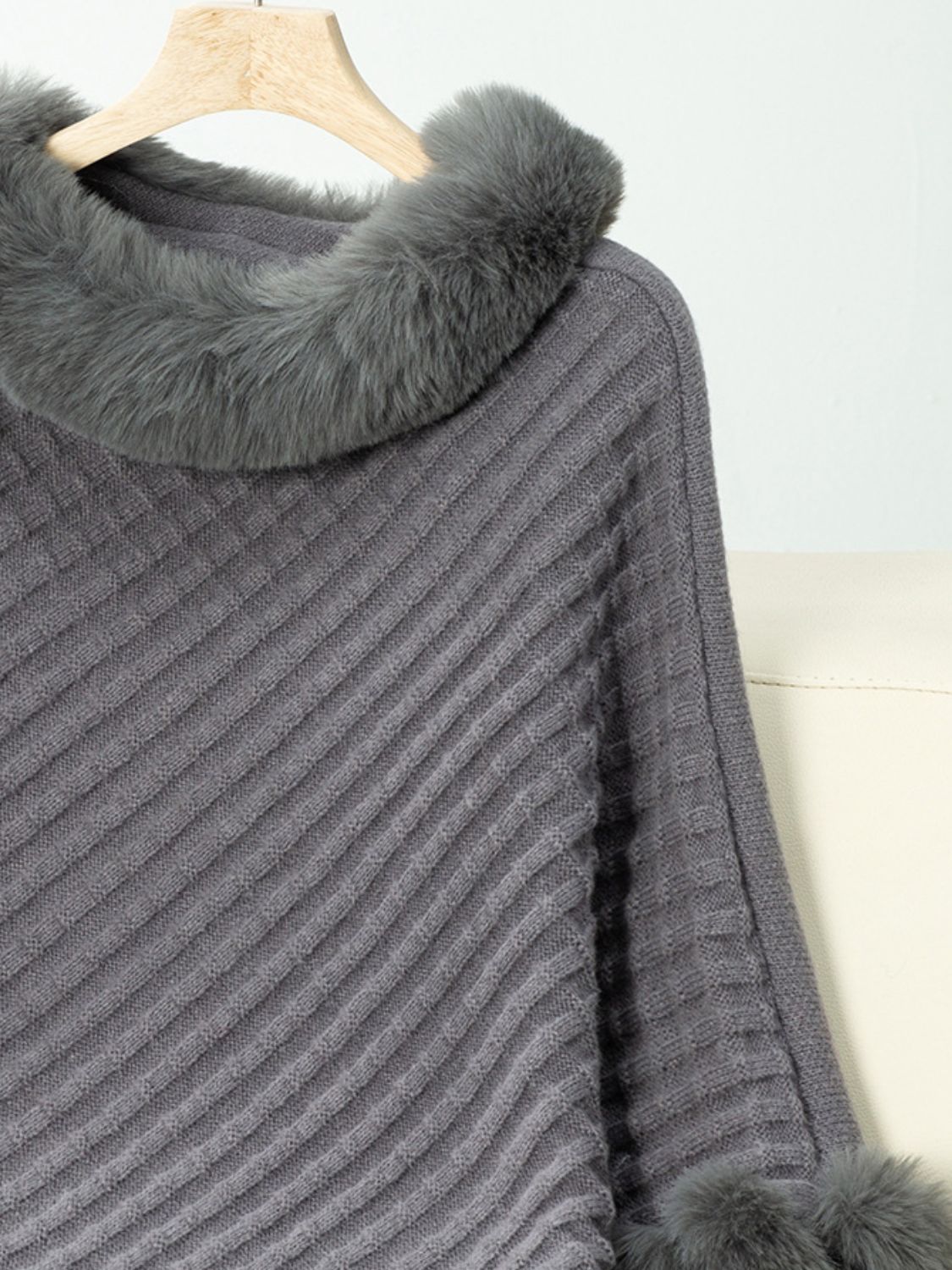 Fuzzy Trim Texture Three-Quarter Sleeve Poncho-Angel Casuals