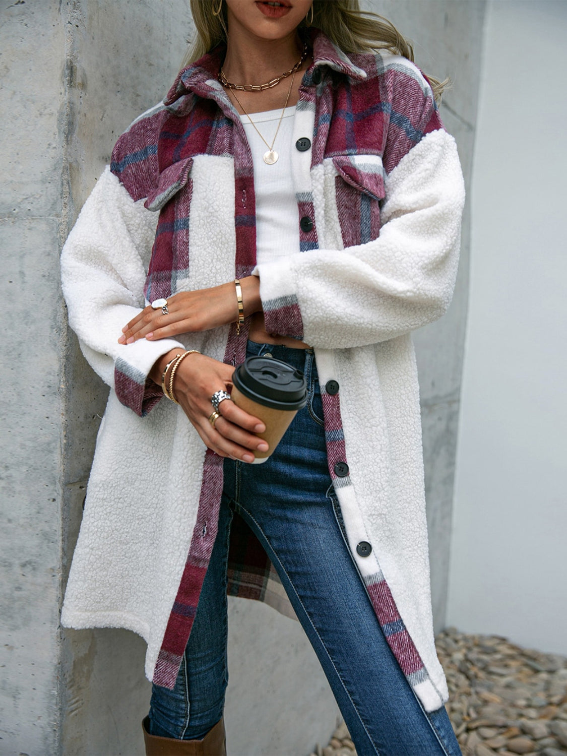 Plaid Dropped Shoulder Longline Coat-Angel Casuals