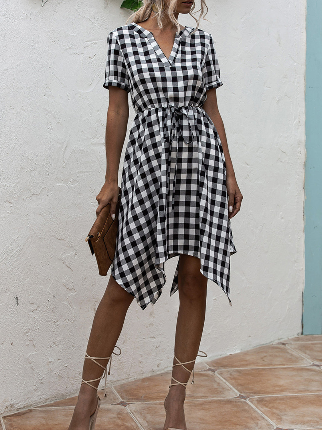 Plaid Notched Short Sleeve Dress-Angel Casuals