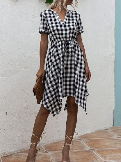 Plaid Notched Short Sleeve Dress-Angel Casuals