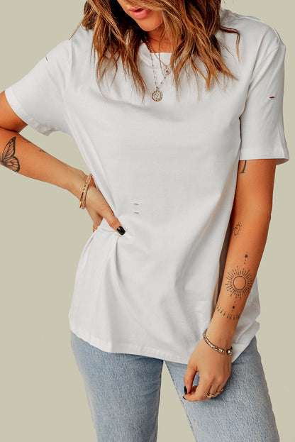 Distressed Round Neck Tee-Angel Casuals